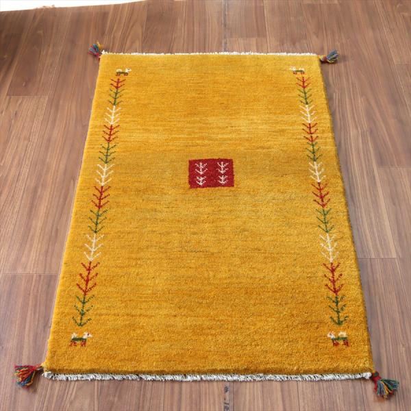 イランの手織りラグ ギャッベ 123x80cm イエロー 生命の樹と動物