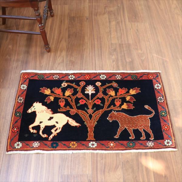 オールドギャッベ　カシュカイ族の手織りラグ 89x53cm 生命の木 馬とライオン