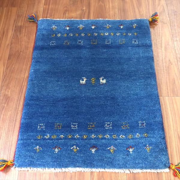 ギャッベ イラン産手織り 86×67cm 玄関マット ブルー カラフルな生命の樹と動物