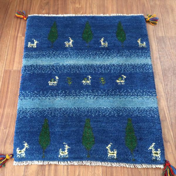 ギャッベ イラン産手織り 84×61cm 玄関マット ブルー 動物と糸杉
