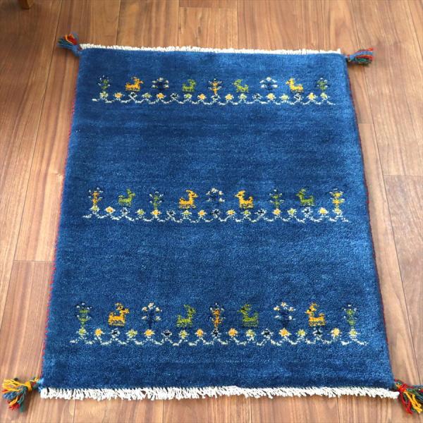 ギャッベ イラン産手織り 85×63cm 玄関マット ブルー 動物と生命の樹