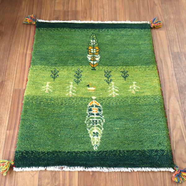 ギャッベ イラン産手織り 82×64cm 玄関マット グリーン 糸杉と生命の樹