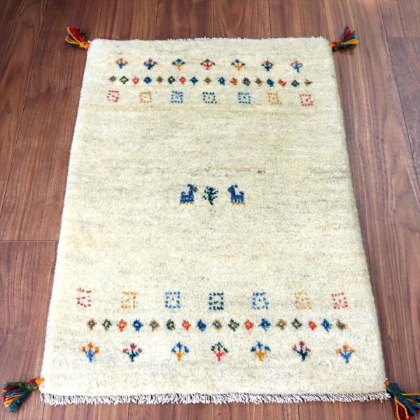 ギャッベ イラン産手織り 91×64cm 玄関マット ナチュラルアイボリー 向かい合う動物とカラフル...