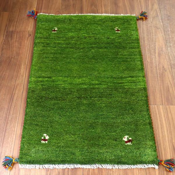 ギャッベ イラン産手織り 88×60cm 玄関マット グリーン 動物モチーフ