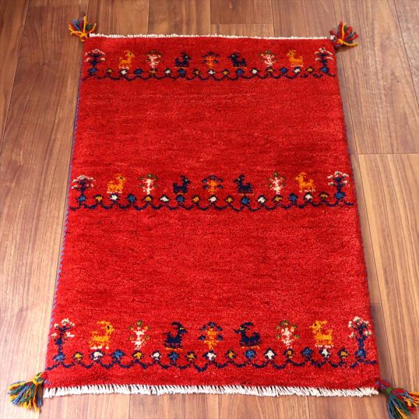 ギャッベ イラン産手織り 83×60cm 玄関マット レッド カラフルな動物と生命の樹