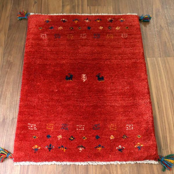 ギャッベ イラン産手織り 87×65cm 玄関マット レッド 動物と生命の樹
