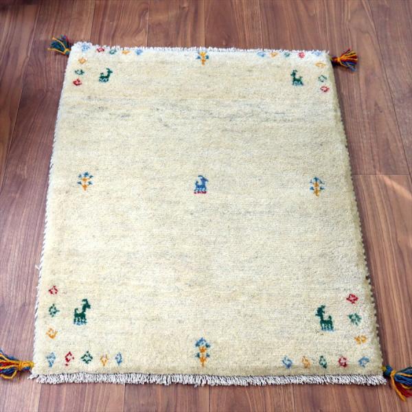 ギャッベ イラン産手織り 91×69cm 玄関マット ナチュラルアイボリー 動物とカラフルモチーフ