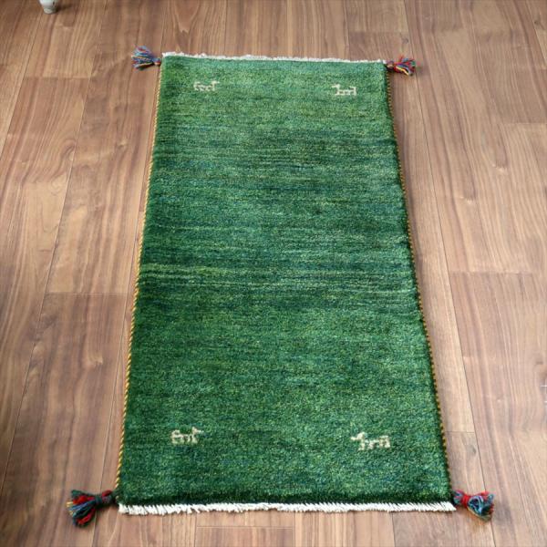 ギャッベ イラン 手織り　ミニランナー 125x54cm シンプル　無地　グリーン　自然な色ムラ