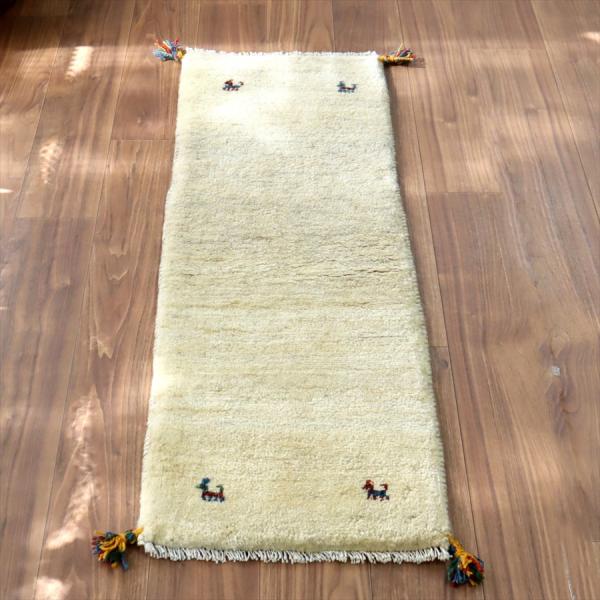 ギャッベ イラン 手織り　ミニランナー 123x44cm ナチュラルアイボリー　羊毛 シンプル　無地...