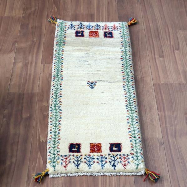 ギャッベ イラン 手織り　ミニランナー 115x43cm ナチュラル羊毛アイボリー　タイル柄
