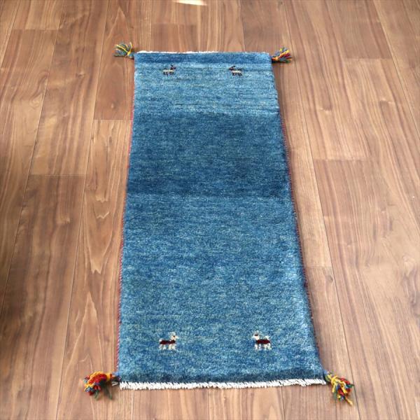 ギャッベ イラン 手織り　ミニランナー 120x42cm ブルー 自然な色ムラ シンプル　無地