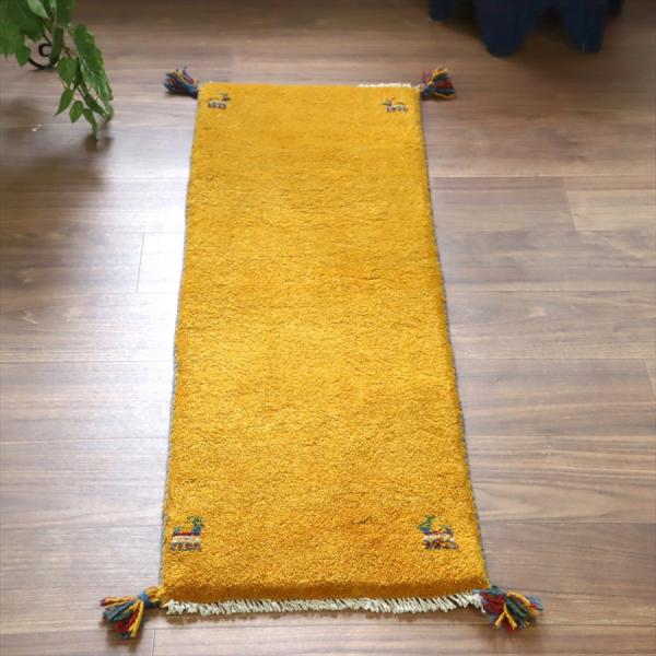 ギャッベ イラン 手織り　ミニランナー 117x42cm イエロー シンプル　無地