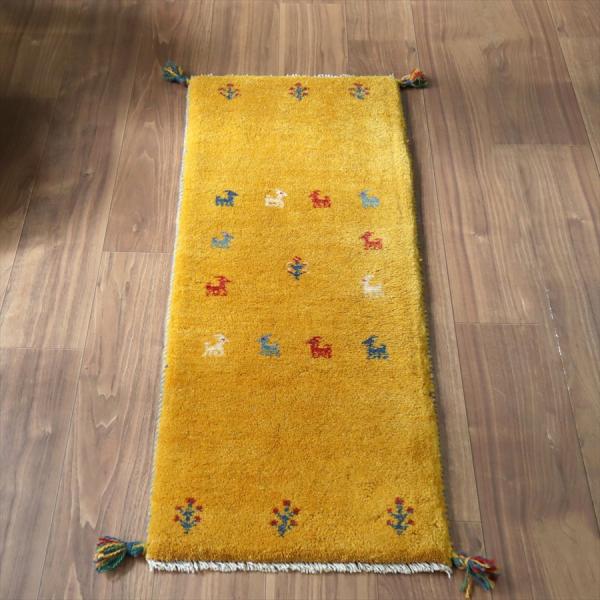 ギャッベ イラン 手織り　ミニランナー 116x43cm イエローオレンジ　カラフルな動物モチーフ