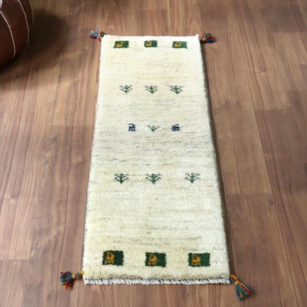 ギャッベ イラン 手織り　ミニランナー 115x43cm ナチュラル羊毛　アイボリー　生命の木と動物