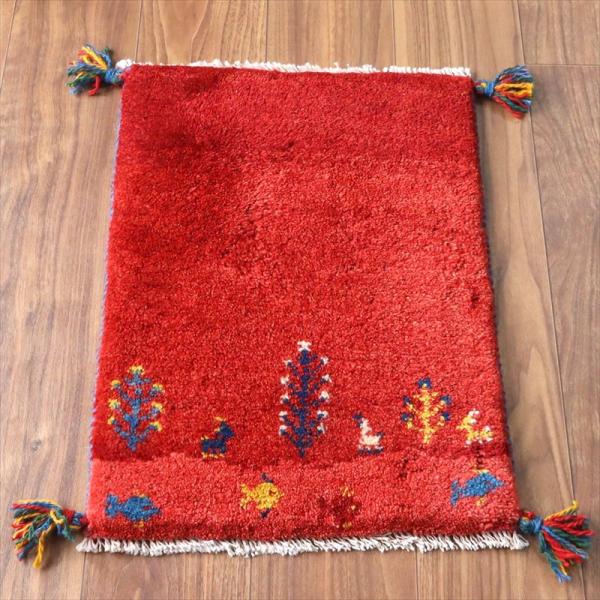 ギャッベ ミニギャベ イラン手織り 56×40cm レッド 生命の樹と動物と魚