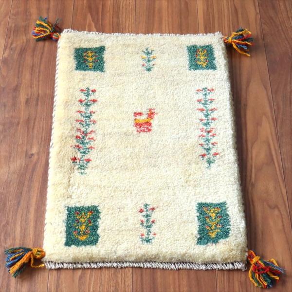 ギャッベ ミニギャベ イラン手織り 55×39cm ナチュラルアイボリー 連なる生命の樹と動物