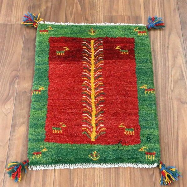 ギャッベ ミニギャベ イラン手織り 57×43cm レッド＆グリーン 連なる生命の樹と動物