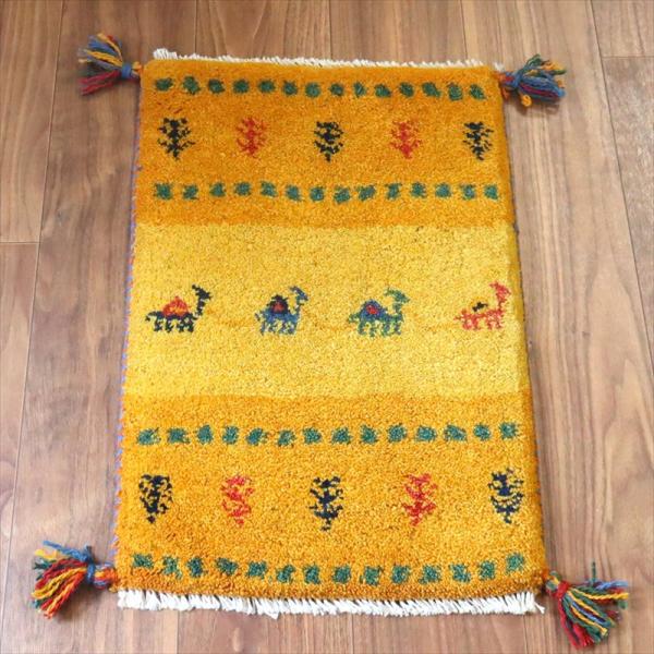 ギャッベ ミニギャベ イラン手織り 58×40cm イエローオレンジ ラクダのキャラバンと生命の樹