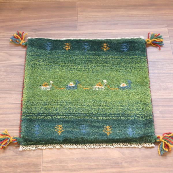 ギャッベ イラン産手織り 座布団サイズ 40x43cm グリーングラデーション　ラクダの隊商