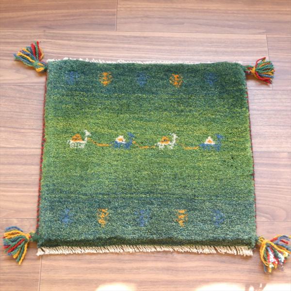 ギャッベ イラン産手織り 座布団サイズ 41x43cm グリーングラデーション　ラクダの隊商