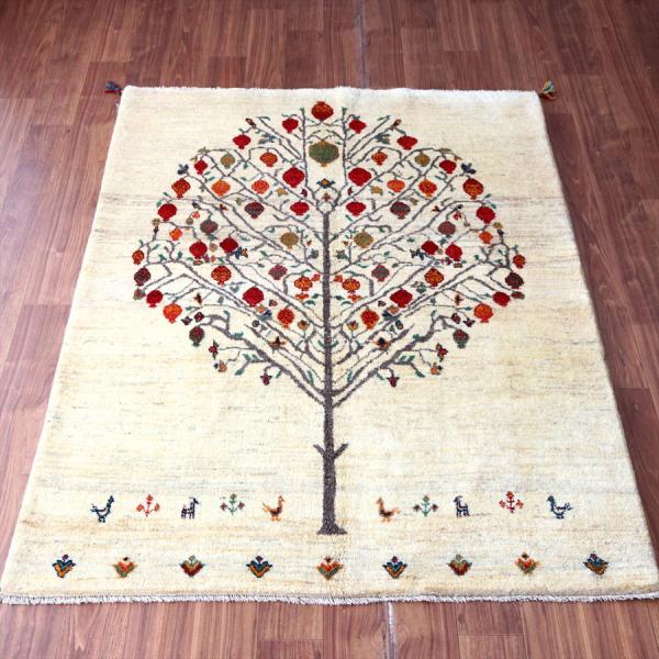 ギャッベ Gabbeh ナチュラルアイボリー 198×160cm イラン産 ザクロの樹と鳥と動物