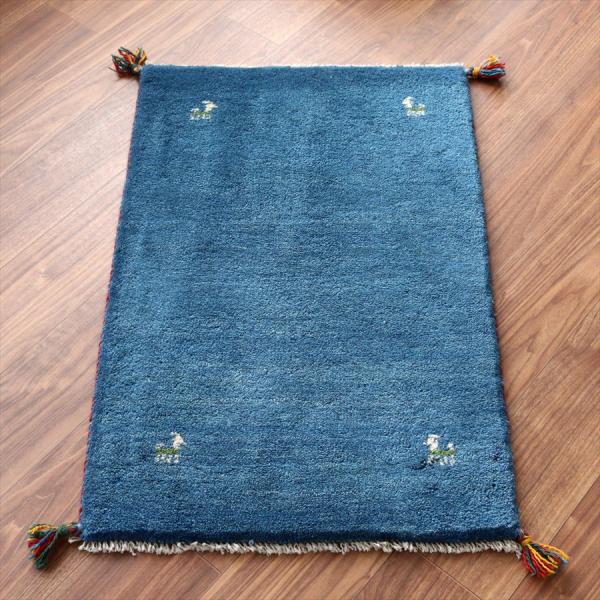 ギャッベ イラン産手織りラグ 93x60cm ブルー シンプルモチーフ