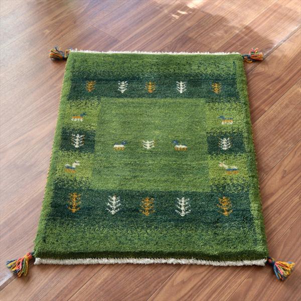 ギャッベ イラン産手織りラグ 88x63cm グリーン 動物と植物