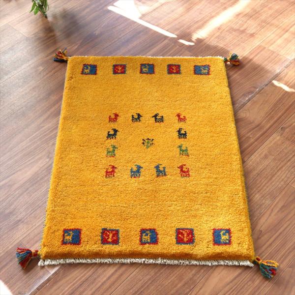 ギャッベ イラン産手織りラグ 90x65cm イエロー タイル
