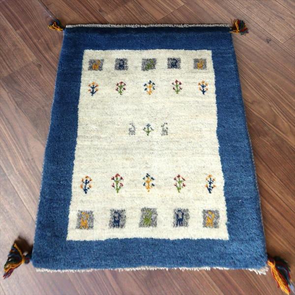 ギャッベ イラン産手織りラグ 87x66cm 動物と植物 ブルー