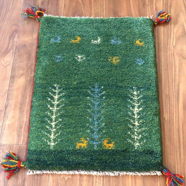 ギャッベ ミニギャベ イラン産 58×41cm グリーン 連なる生命の樹と動物