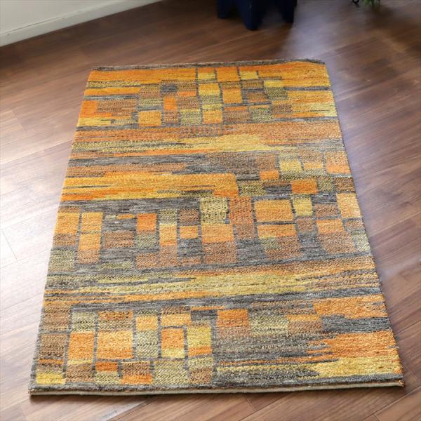 ギャッベ ノマド　 150x93cm オレンジ ブルー　抽象画のような幾何学デザイン　イラン産手織り...