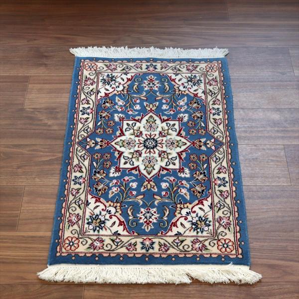 ペルシャ絨毯　ナイン産 9L 81x51cm ブルーのメダリオン　玄関マットサイズ