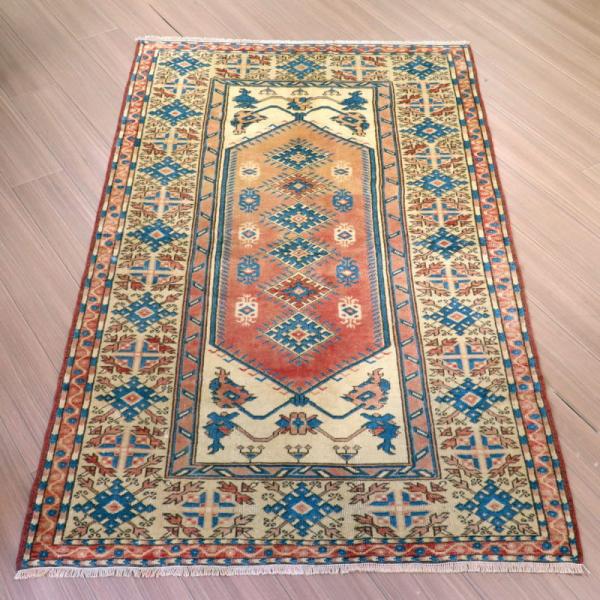 トライバルラグ トルコ 187x110cm 手織り絨毯　セッヂャーデ　色褪せたネイビーとレッド