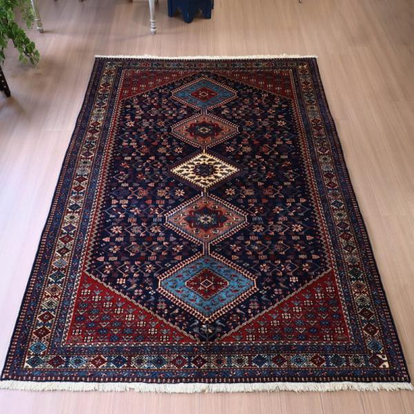 トライバルラグ　部族絨毯　イラン南部ヤラメ　Yalameh  240x156cm ネイビー　鳥と花の...