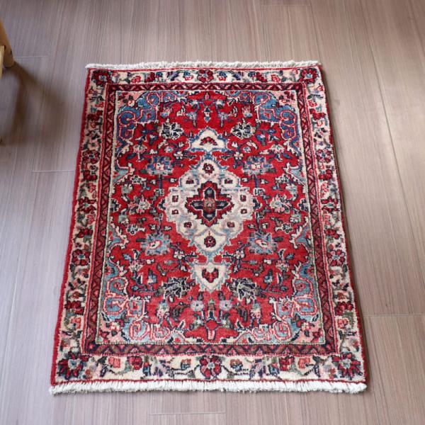 部族絨毯　トライバルラグ 87x62cm 花のメダリオン　ハマダン