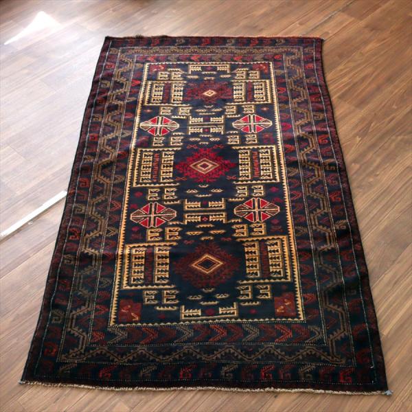 トライバルラグ バルーチ 206x121cm 幾何学模様とメダリオン ネイビー