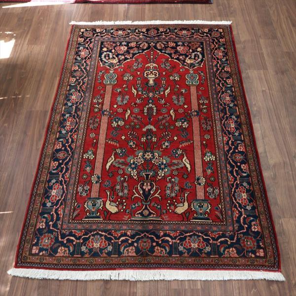 イランの手織り絨毯 カシャーン 212x131cm 赤いミフラープ ペルシャ絨毯
