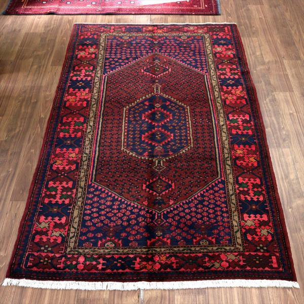 イランの手織り絨毯 ハマダン 229x145cm 六角メダリオン レッド＆ネイビー