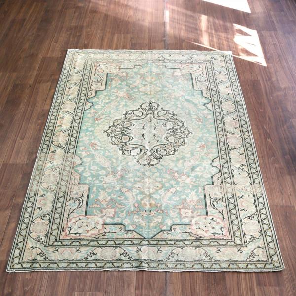 オールドカーペット トルコ絨毯 208x145cm 色褪せたターコイズブルー