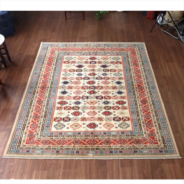 トルコの手織り絨毯 西アナトリア 236x198cm 幾何学模様と小花 ベージュ