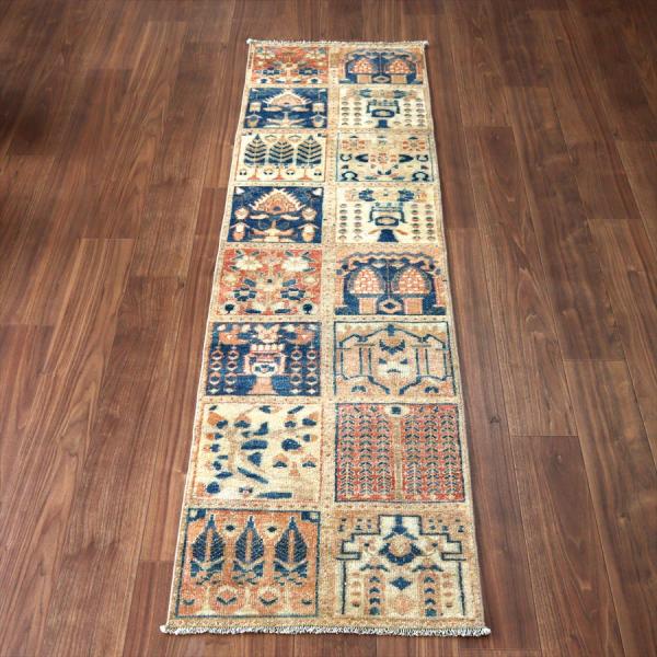 イランの手織り絨毯 バフティアリ 222x60cm タイルデザイン 細長いサイズ