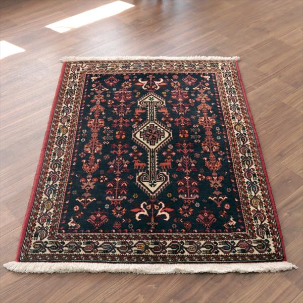 イランの手織りラグ 花と動物 141x105cm ネイビー 部族絨毯