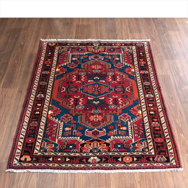イランの手織りラグ トイセルカン 153x117cm メダリオンと小花 レッド＆ブルー