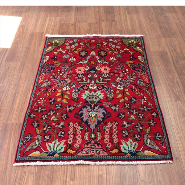 ペルシャ絨毯 タブリーズ 146x100cm 鳥と花々 レッド 手織りラグ