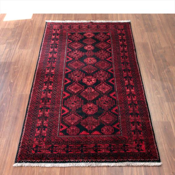 イランの手織りラグ バルーチ 210x110cm 連なる幾何学模様 レッド