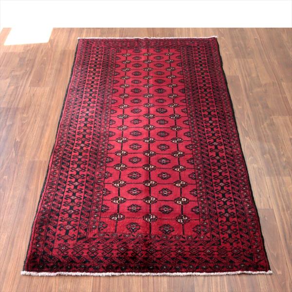 イランの手織りラグ バルーチ 214x115cm 連なる幾何学模様 レッド