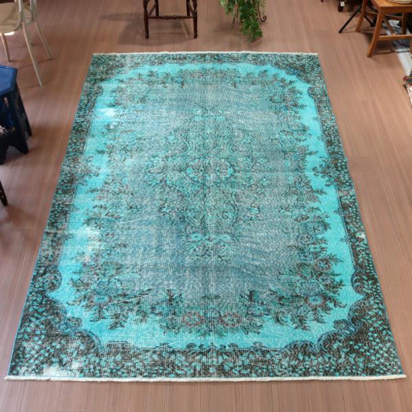 オーバーダイド ヴィンテージラグ ターコイズブルー 265x175cm トルコ手織り絨毯 アップサイ...