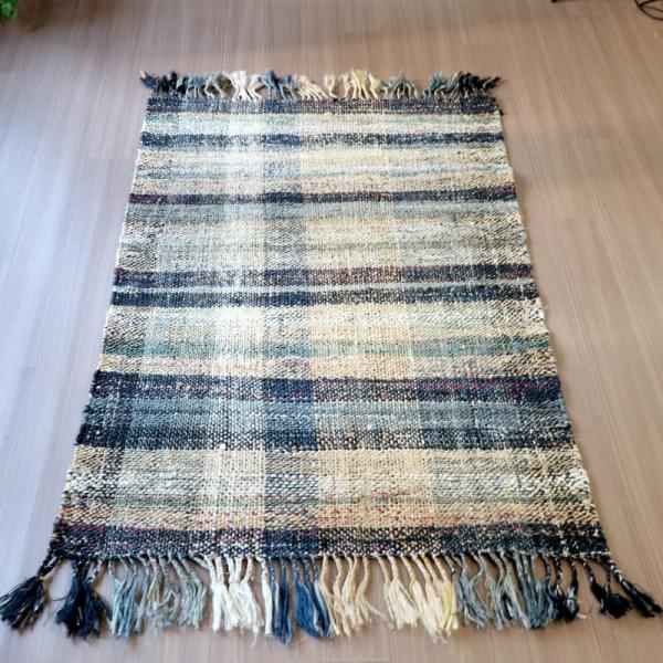 ジュートラグ 手織り　天然繊維　麻　 170x120cm ブラックストライプ