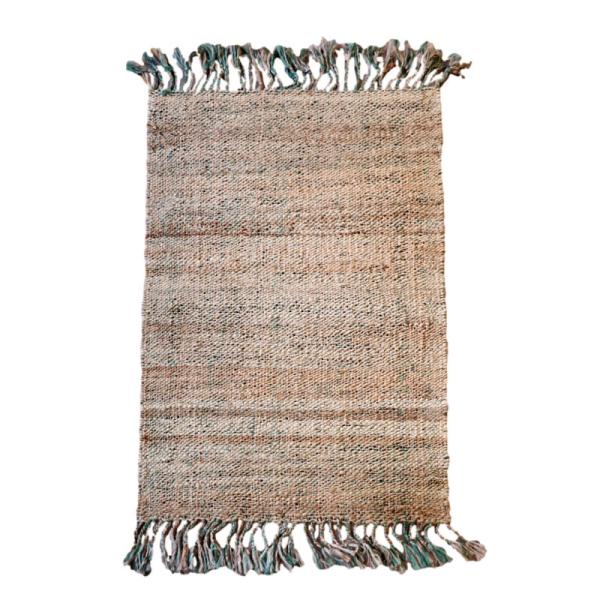 ジュートラグ 手織り　天然繊維　麻　 120x80cm ベージュxグレーｘグリーン