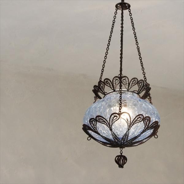 トルコランプ ガラスシェードペンダントランプ１灯/クラックガラス＆テルキャリ細工 パンプキンMブルー